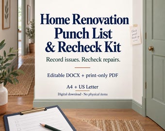 Home Renovation Punch List & Recheck Kit | Editable DOCX + Printable PDF | A4 and US Letter
