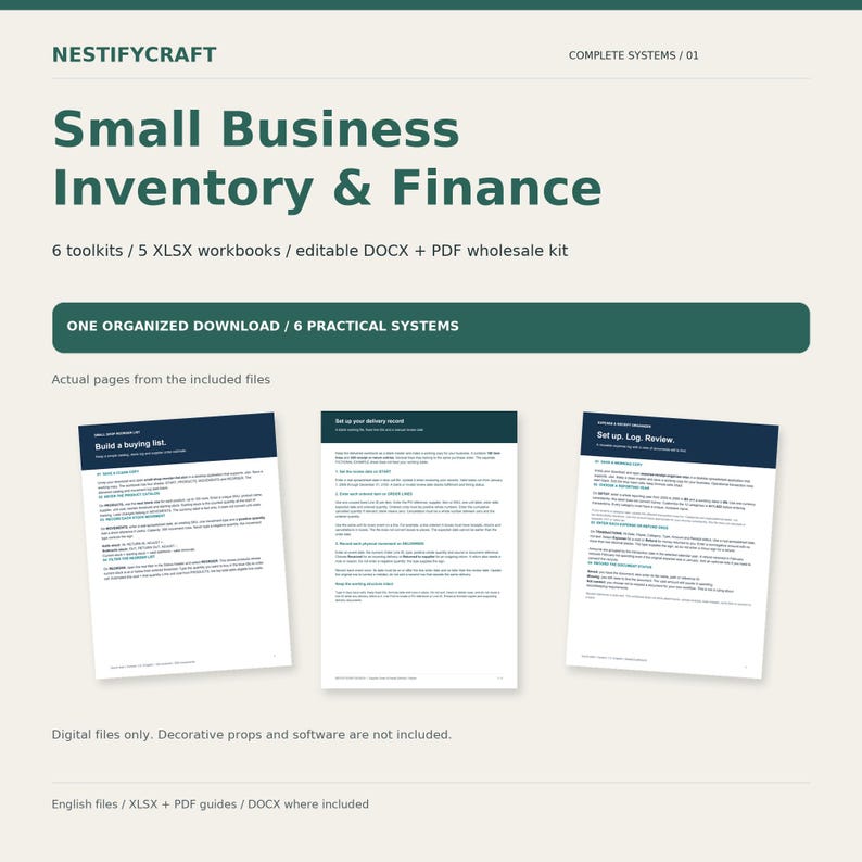 May include: A digital product listing titled Small Business Inventory & Finance by NESTIFYCRAFT. It includes 6 toolkits, 5 XLSX workbooks, and editable DOCX and PDF files. Three sample pages are displayed showing text-based business systems.