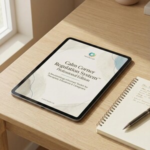 May include: A tablet displaying the title Calm Corner Regulation System Professional Edition, A Neurobiology-Informed Toolkit for Therapists, Educators & Caregivers, with a NestifyCraft logo and abstract watercolor shapes on the screen.