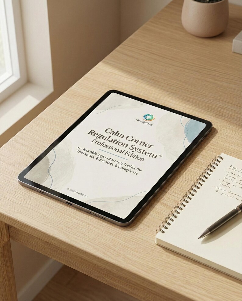 May include: A tablet displaying the title Calm Corner Regulation System Professional Edition, A Neurobiology-Informed Toolkit for Therapists, Educators & Caregivers, with a NestifyCraft logo and abstract watercolor shapes on the screen.
