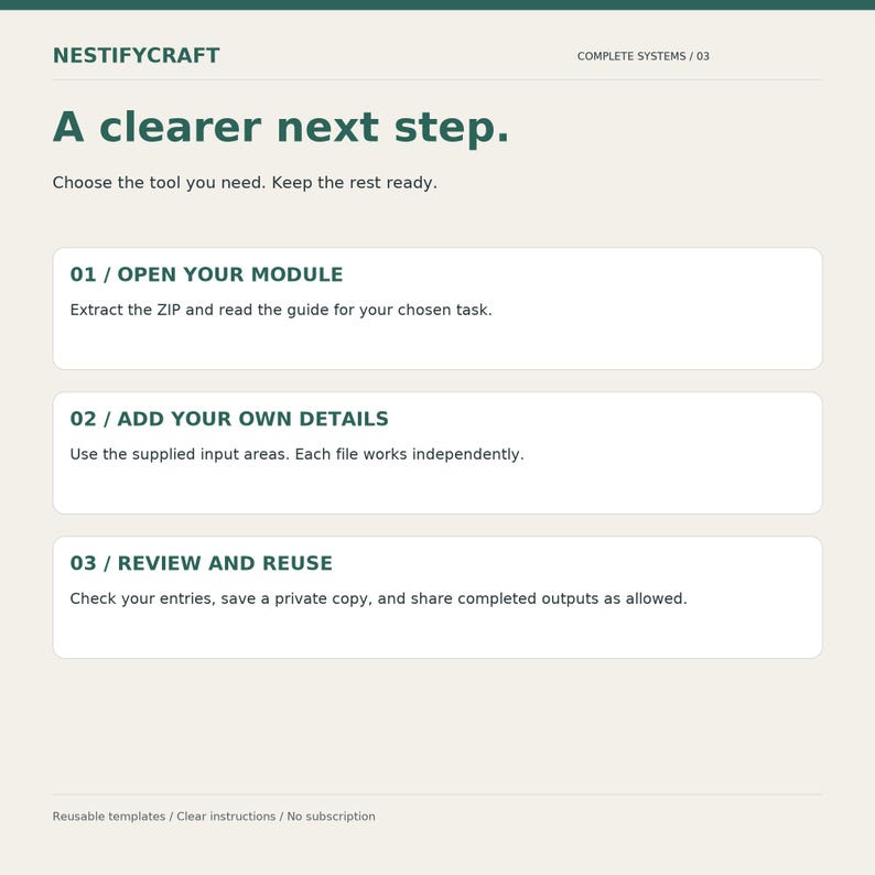 May include: A digital instructional graphic titled NESTIFYCRAFT COMPLETE SYSTEMS / 03 with the heading A clearer next step. It lists three steps: 01 / OPEN YOUR MODULE, 02 / ADD YOUR OWN DETAILS, and 03 / REVIEW AND REUSE with descriptive text.