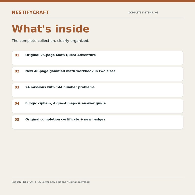 May include: A beige informational document titled NESTIFYCRAFT What's inside, listing five components: 25-page Math Quest Adventure, 48-page gamified math workbook, 24 missions with 144 number problems, 8 logic ciphers, 4 quest maps, and a certificate.
