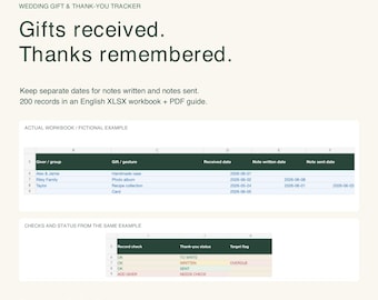Wedding Gift & Thank You Tracker Excel | Gifts Received and Notes Sent | XLSX + PDF Guide