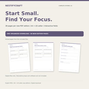 May include: A digital planner set titled Start Small. Find Your Focus. by Nestifycraft. Includes 38 pages in A4 and US Letter sizes with interactive fields. Features three sample pages: Urgent and important matrix, Brain dump weekly review, and Two-minute landing plan.