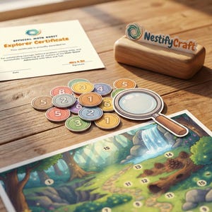 May include: A game set featuring a forest-themed map with numbered spots, a magnifying glass cutout, colorful numbered tokens, a wooden block with a NestifyCraft sign, and an Official Math Quest Explorer Certificate paper.