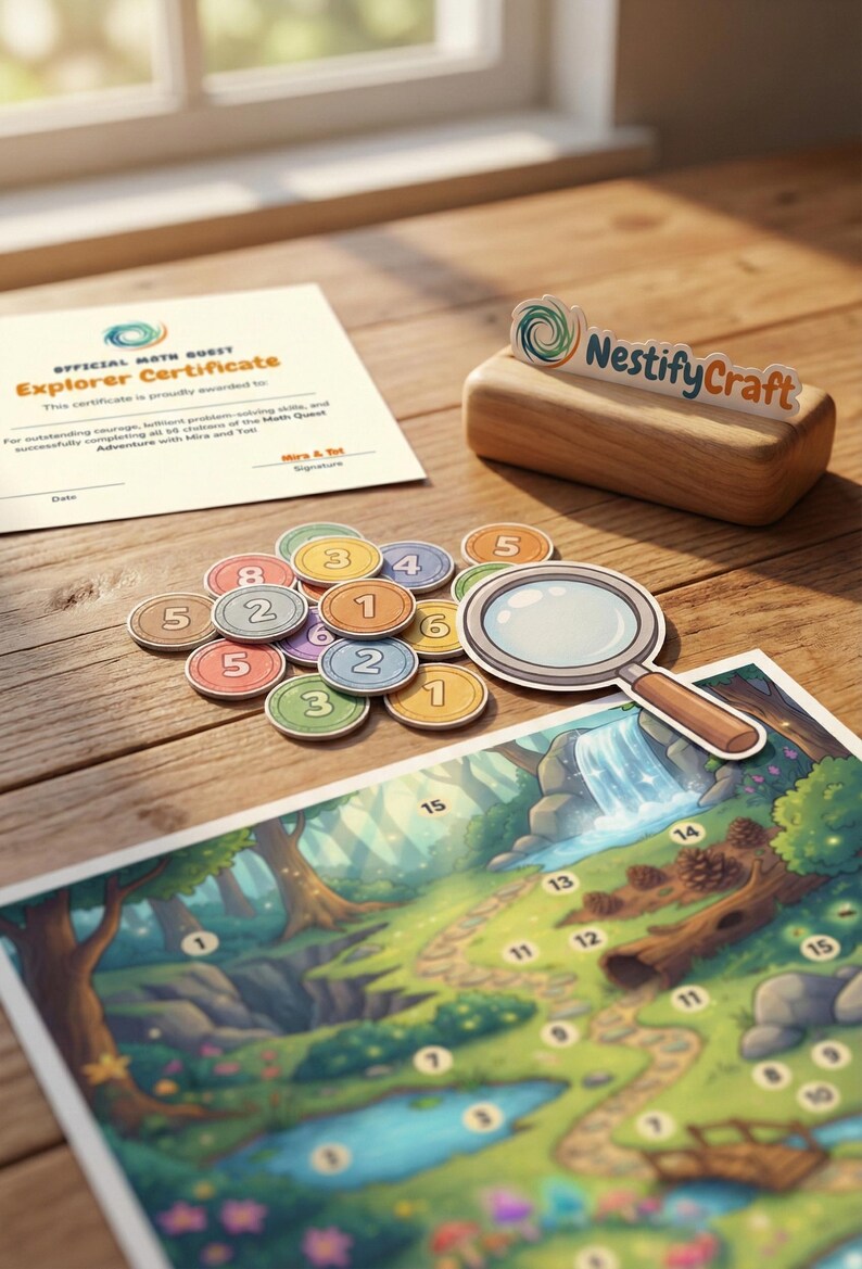May include: A game set featuring a forest-themed map with numbered spots, a magnifying glass cutout, colorful numbered tokens, a wooden block with a NestifyCraft sign, and an Official Math Quest Explorer Certificate paper.