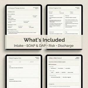 May include: Four digital therapy document templates featuring black text on a cream background. The forms include Professional Therapy Services, Clinical Progress Note, D.A.P. Clinical Progress Note, and Safety & Risk Protocol with the text What's Included Intake, SOAP & DAP, Risk, Discharge.
