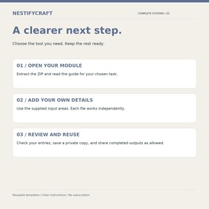 May include: A digital instructional graphic titled NESTIFYCRAFT COMPLETE SYSTEMS / 03. It features the heading A clearer next step and three numbered steps: 01 / OPEN YOUR MODULE, 02 / ADD YOUR OWN DETAILS, and 03 / REVIEW AND REUSE with text.