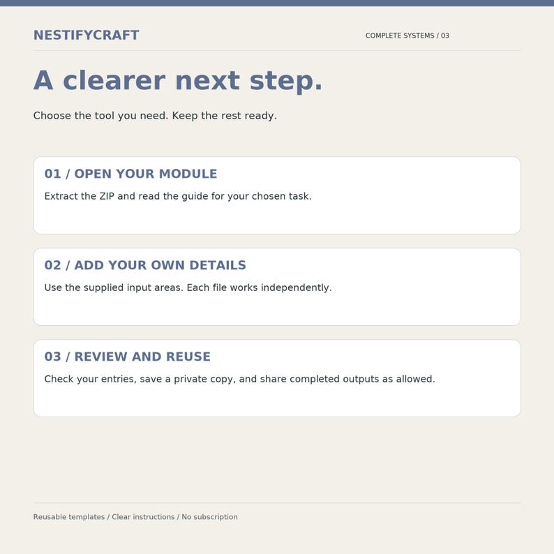 May include: A digital instructional graphic titled NESTIFYCRAFT COMPLETE SYSTEMS / 03. It features the heading A clearer next step and three numbered steps: 01 / OPEN YOUR MODULE, 02 / ADD YOUR OWN DETAILS, and 03 / REVIEW AND REUSE with text.