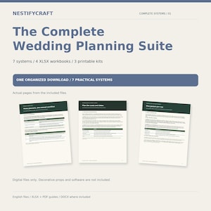 May include: A digital wedding planning suite titled The Complete Wedding Planning Suite by Nestifycraft. It includes 7 systems, 4 XLSX workbooks, and 3 printable kits. The image displays three sample pages with dark green headers and text.