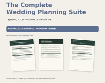 May include: A digital wedding planning suite titled The Complete Wedding Planning Suite by Nestifycraft. It includes 7 systems, 4 XLSX workbooks, and 3 printable kits. The image displays three sample pages with dark green headers and text.