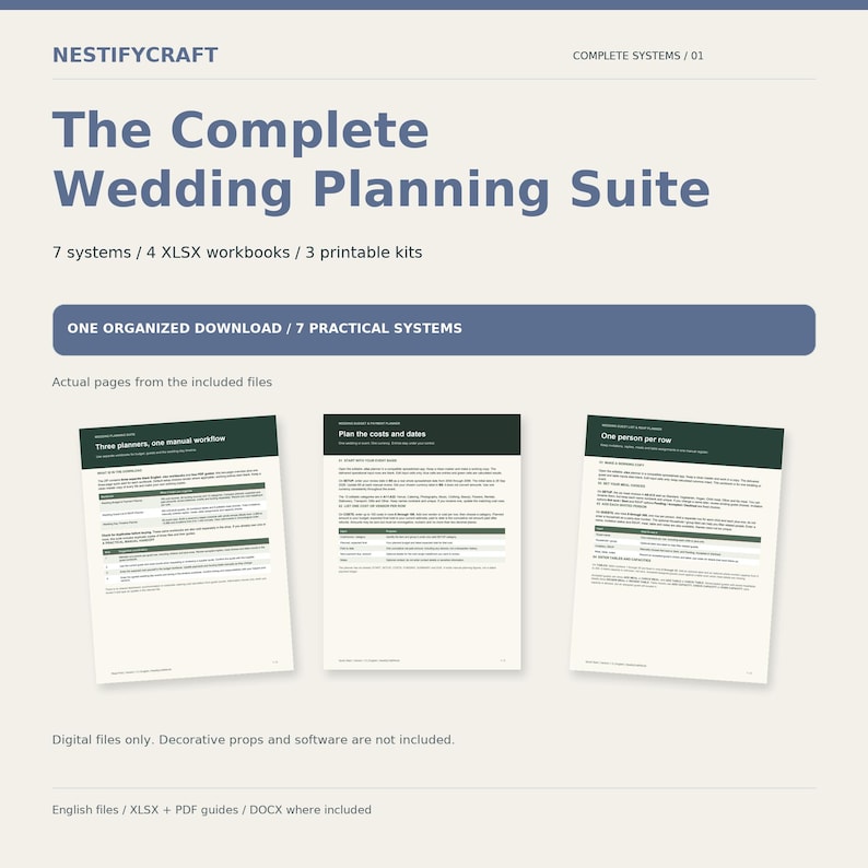 May include: A digital wedding planning suite titled The Complete Wedding Planning Suite by Nestifycraft. It includes 7 systems, 4 XLSX workbooks, and 3 printable kits. The image displays three sample pages with dark green headers and text.