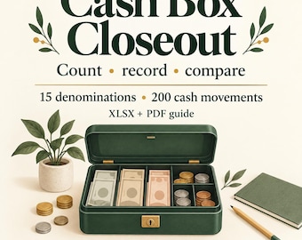 Cash Box Closeout Spreadsheet | Market Cash Count & Closing Reconciliation | 15 Denominations, 200 Movements | XLSX + PDF