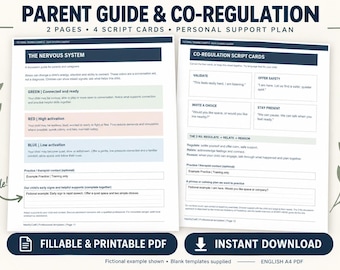 Nervous System Parent Guide & Co-Regulation Scripts: Printable Child Therapy Handouts PDF, Emotional Regulation Cards, School Counselor Tool