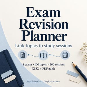 May include: An Exam Revision Planner digital download featuring dark blue text on a light background. The graphic includes icons for documents, books, and calendars, with text stating 8 exams, 100 topics, 200 sessions, and XLSX + PDF guide.