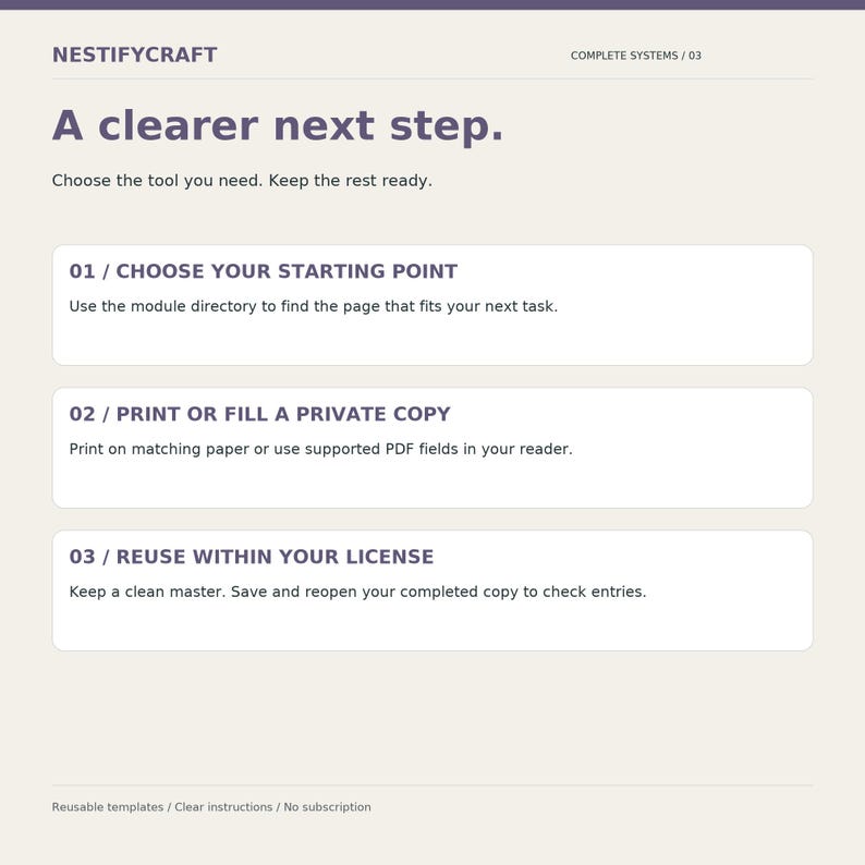 May include: A light-colored informational document titled NESTIFYCRAFT COMPLETE SYSTEMS / 03. It features the heading A clearer next step and three numbered instructional blocks: 01 / CHOOSE YOUR STARTING POINT, 02 / PRINT OR FILL A PRIVATE COPY, and 03 / REUSE WITHIN YOUR LICENSE.