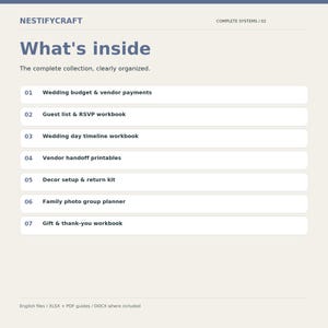 May include: A digital information sheet titled NESTIFYCRAFT What's inside, listing seven wedding planning components: budget and vendor payments, guest list and RSVP, timeline, vendor handoff, decor setup, family photo planner, and gift and thank-you workbooks.