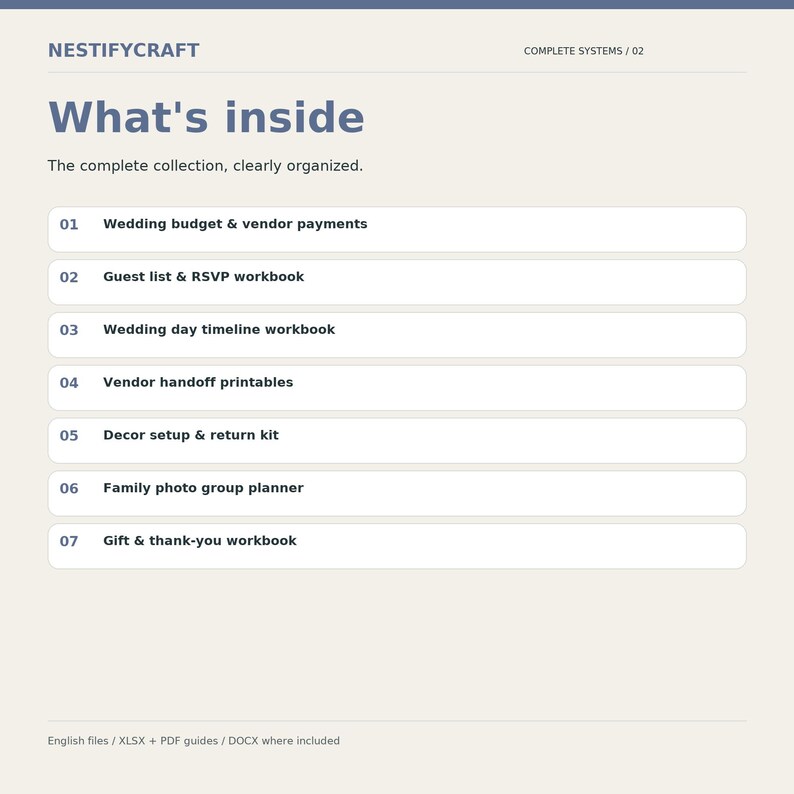 May include: A digital information sheet titled NESTIFYCRAFT What's inside, listing seven wedding planning components: budget and vendor payments, guest list and RSVP, timeline, vendor handoff, decor setup, family photo planner, and gift and thank-you workbooks.