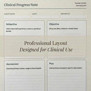 May include: A Clinical Progress Note form printed on grid paper with sections for Client Name, Date, and Session ID. The layout includes four distinct boxes labeled Subjective, Objective, Assessment, and Plan, with lines for writing.