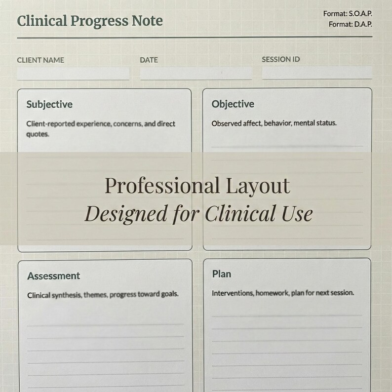 May include: A Clinical Progress Note form printed on grid paper with sections for Client Name, Date, and Session ID. The layout includes four distinct boxes labeled Subjective, Objective, Assessment, and Plan, with lines for writing.