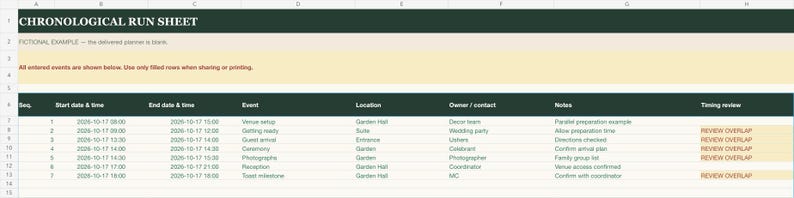 Actual chronological run sheet with a fictional seven-event wedding schedule from 08:00 to 21:00. Five events have overlap review prompts. The delivered ceremony and event inputs are blank.