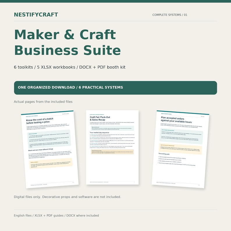 Op de afbeelding: Een digitale zakelijke suite genaamd Nestifycraft Maker & Craft Business Suite, met 6 toolkits, 5 XLSX-werkmappen en DOCX- plus PDF-bestanden. De afbeelding toont drie voorbeeldpagina's met tekst over kosten, inpaklijsten en orderplanning.