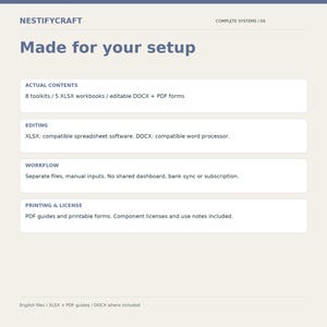 May include: A digital product information graphic titled NESTIFYCRAFT Made for your setup. It lists contents including 8 toolkits, 5 XLSX workbooks, and editable DOCX and PDF forms, with sections for editing, workflow, printing, and license details.