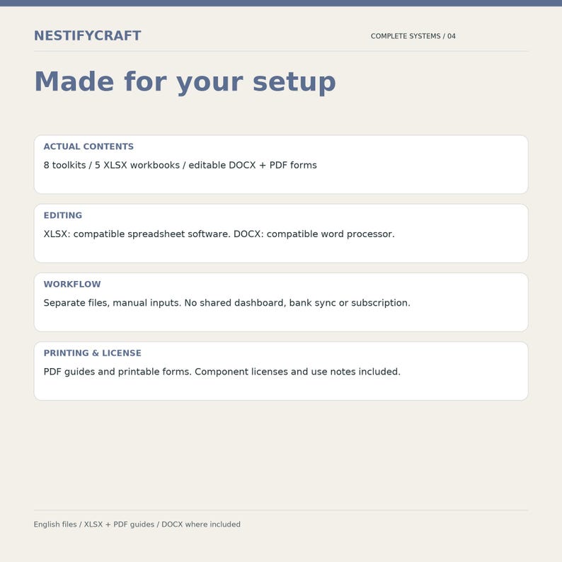 May include: A digital product information graphic titled NESTIFYCRAFT Made for your setup. It lists contents including 8 toolkits, 5 XLSX workbooks, and editable DOCX and PDF forms, with sections for editing, workflow, printing, and license details.