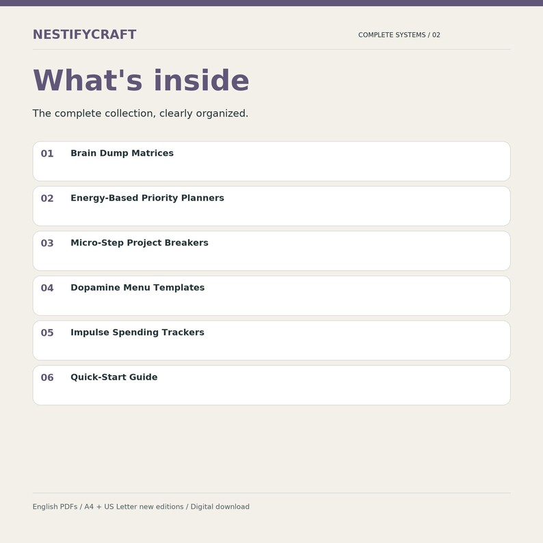 Puede incluir: Un documento digital titulado NESTIFYCRAFT What's inside, que enumera seis herramientas de organizaci&oacute;n: Brain Dump Matrices, Energy-Based Priority Planners, Micro-Step Project Breakers, Dopamine Menu Templates, Impulse Spending Trackers y una Quick-Start Guide.