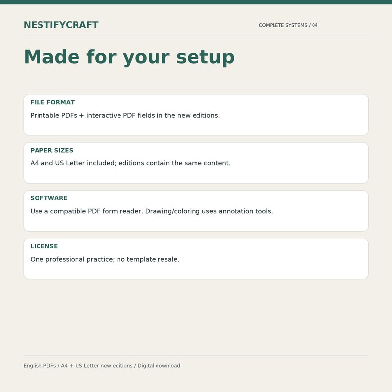 May include: An informational graphic titled NESTIFYCRAFT COMPLETE SYSTEMS / 04 Made for your setup. It lists file formats as printable and interactive PDFs, paper sizes as A4 and US Letter, software requirements, and a professional license.