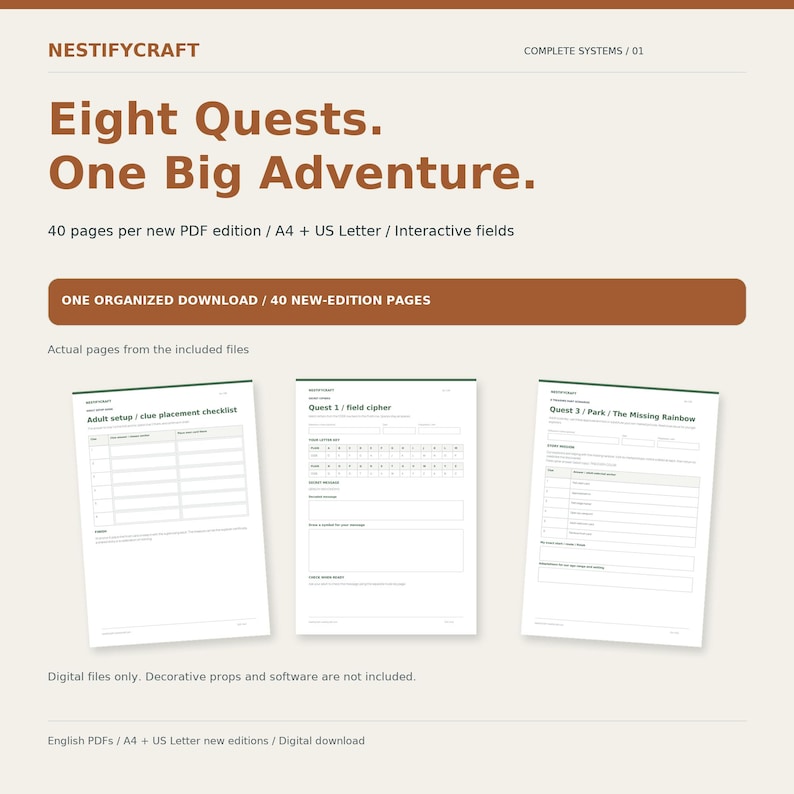 May include: A digital download product titled Eight Quests. One Big Adventure. featuring 40 pages in A4 and US Letter sizes with interactive fields. Includes three sample pages showing an adult setup checklist, a field cipher, and Quest 3.