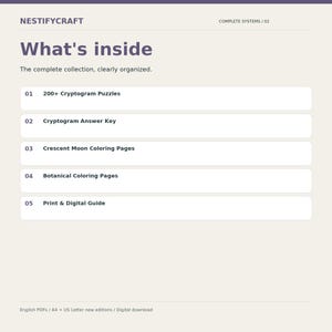 May include: A digital information sheet titled NESTIFYCRAFT What's inside, listing five components: 200+ Cryptogram Puzzles, Cryptogram Answer Key, Crescent Moon Coloring Pages, Botanical Coloring Pages, and a Print & Digital Guide.
