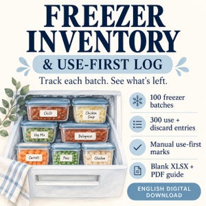 May include: A digital freezer inventory and use-first log tracker featuring a freezer drawer illustration with labeled food containers. Text includes "FREEZER INVENTORY & USE-FIRST LOG", "Track each batch. See what's left.", and feature lists for 100 batches, 300 entries, and file formats.