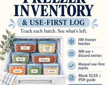 May include: A digital freezer inventory and use-first log tracker featuring a freezer drawer illustration with labeled food containers. Text includes "FREEZER INVENTORY & USE-FIRST LOG", "Track each batch. See what's left.", and feature lists for 100 batches, 300 entries, and file formats.