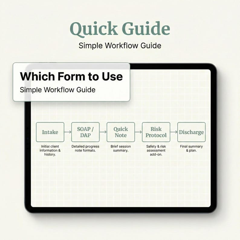 May include: A digital tablet displays a Quick Guide Simple Workflow Guide with a flowchart showing steps: Intake, SOAP/DAP, Quick Note, Risk Protocol, and Discharge. Each box includes a brief description of the process step on a grid background.