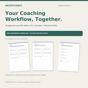 May include: A digital coaching workflow system featuring 36 pages in A4 and US Letter sizes with interactive fields. The document includes templates for a working preferences agreement, stakeholder and role map, and proposal preparation brief.