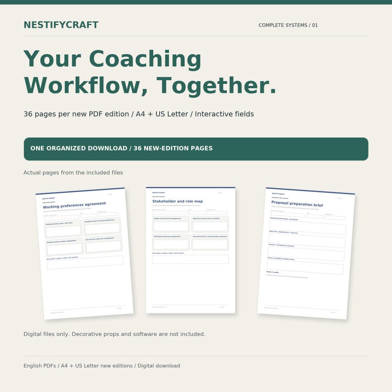 May include: A digital coaching workflow system featuring 36 pages in A4 and US Letter sizes with interactive fields. The document includes templates for a working preferences agreement, stakeholder and role map, and proposal preparation brief.