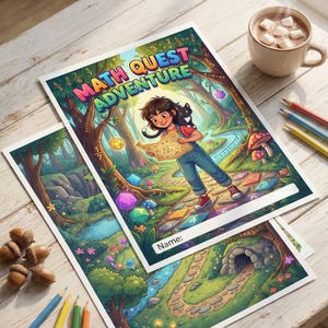 Puede incluir: Dos cuadernos coloridos "Math Quest Adventure" con una niña y un gato negro en la portada, ambientados en un bosque de fantasía. Una taza de chocolate caliente, lápices de colores y bellotas sobre una mesa de madera.