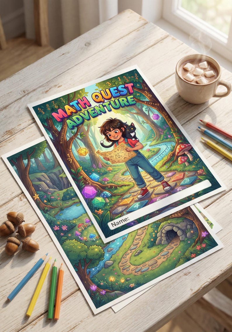 May include: A Math Quest Adventure activity sheet featuring a character holding a map with a black cat on their shoulder, surrounded by a forest, floating geometric shapes, and math equations. The page includes a Name field at the bottom.