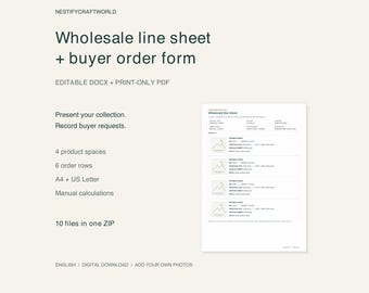 Wholesale Line Sheet and Order Form Template, Editable DOCX and Printable PDF
