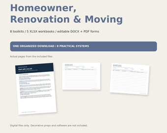 May include: A digital product listing titled NESTIFYCRAFT Homeowner, Renovation & Moving. It includes 8 toolkits, 5 XLSX workbooks, and editable DOCX and PDF forms. The image displays three sample document pages with text and tables.