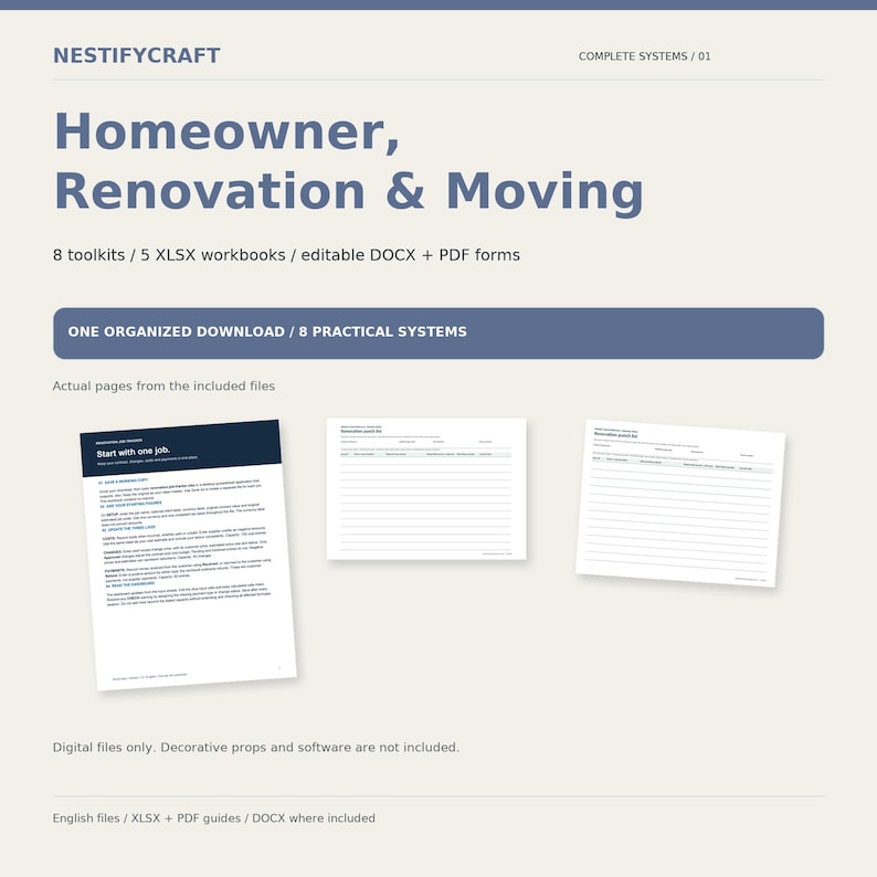 May include: A digital product listing titled NESTIFYCRAFT Homeowner, Renovation & Moving. It includes 8 toolkits, 5 XLSX workbooks, and editable DOCX and PDF forms. The image displays three sample document pages with text and tables.