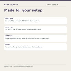 May include: A digital information graphic titled NESTIFYCRAFT Made for your setup. It lists specifications including file format as printable and interactive PDFs, paper sizes as A4 and US Letter, software requirements, and personal use license terms.