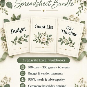 Ivory and sage botanical cover for Wedding Planning Spreadsheet Bundle: three separate Excel workbooks for budget, guest list and day timeline. 100 costs, 300 guests and 60 events. English digital download: 3 XLSX and 4 PDF.