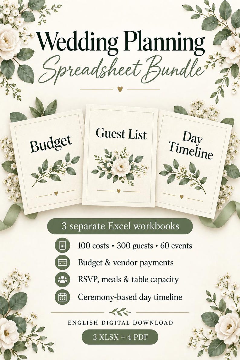 Ivory and sage botanical cover for Wedding Planning Spreadsheet Bundle: three separate Excel workbooks for budget, guest list and day timeline. 100 costs, 300 guests and 60 events. English digital download: 3 XLSX and 4 PDF.
