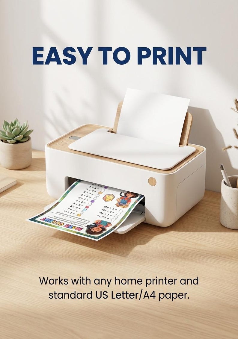 May include: A white and light wood home printer with a sheet of paper feeding through the front. The paper features a printed math worksheet with colorful cartoon characters. Text above reads EASY TO PRINT and below reads Works with any home printer and standard US Letter/A4 paper.