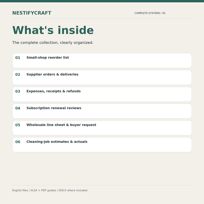 May include: A digital document titled NESTIFYCRAFT COMPLETE SYSTEMS / 02 What's inside. It lists six organized sections: 01 Small-shop reorder list, 02 Supplier orders & deliveries, 03 Expenses, receipts & refunds, 04 Subscription renewal reviews, 05 Wholesale line sheet & buyer request, and 06 Cleaning-job estimates & actuals.