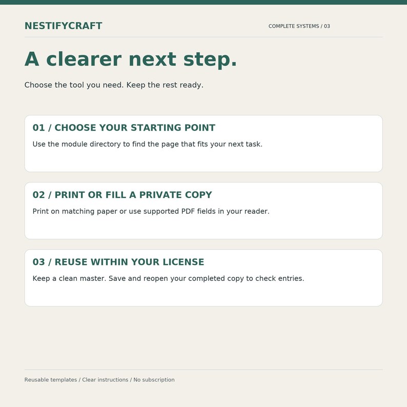 May include: A digital instructional graphic titled NESTIFYCRAFT COMPLETE SYSTEMS / 03 A clearer next step. It lists three steps: 01 / CHOOSE YOUR STARTING POINT, 02 / PRINT OR FILL A PRIVATE COPY, and 03 / REUSE WITHIN YOUR LICENSE with text.