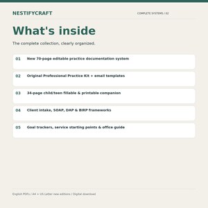 May include: A digital document titled NESTIFYCRAFT What's inside, listing five components: a 70-page editable practice documentation system, a professional practice kit with email templates, a 34-page child/teen companion, intake frameworks, and goal trackers.