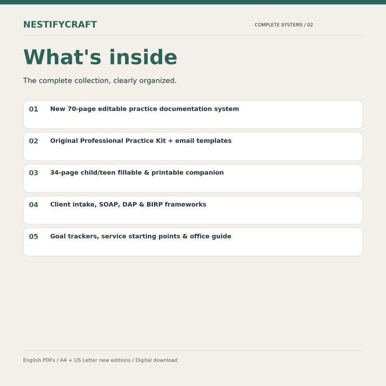 May include: A digital document titled NESTIFYCRAFT What's inside, listing five components: a 70-page editable practice documentation system, a professional practice kit with email templates, a 34-page child/teen companion, intake frameworks, and goal trackers.